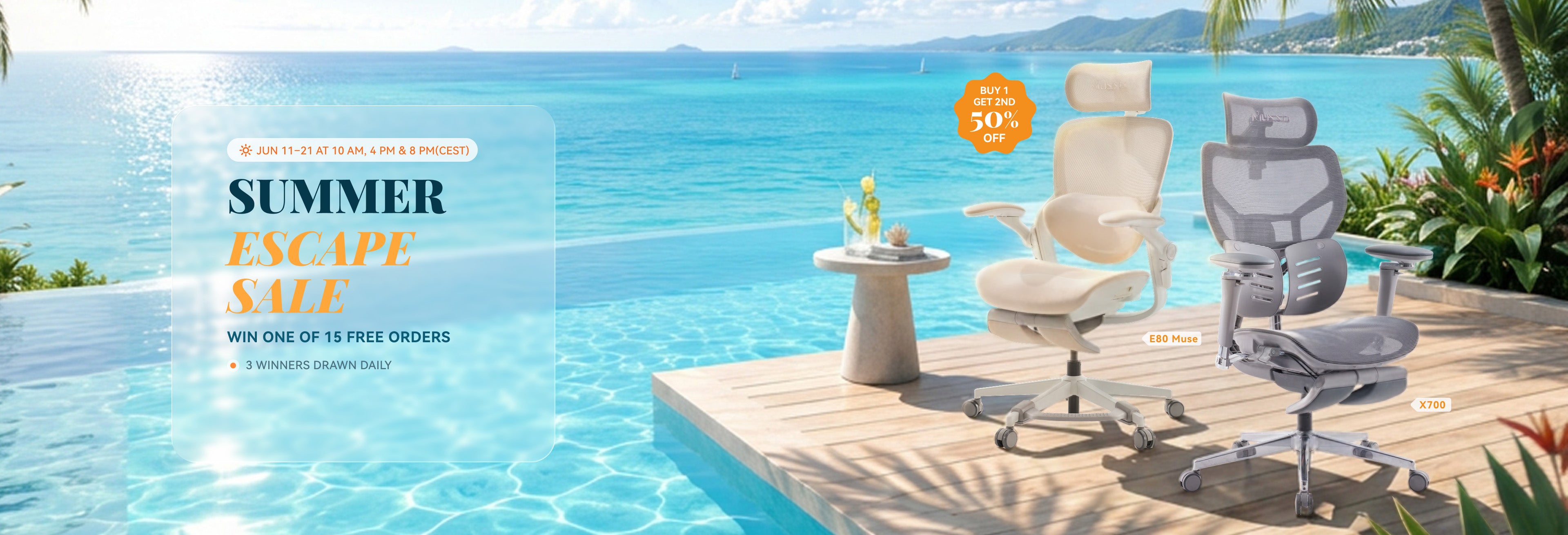 Summer Escape Sale. Win one of 15 free orders. Buy one get second 50 percent off. June 11 to 21 at 10 AM, 4 PM and 8 PM CEST.