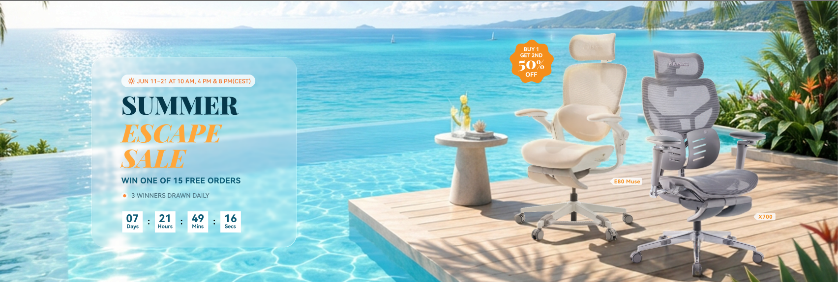 Summer Escape Sale. Win one of 15 free orders. Buy one get second 50 percent off. June 11 to 21 at 10 AM, 4 PM and 8 PM CEST.